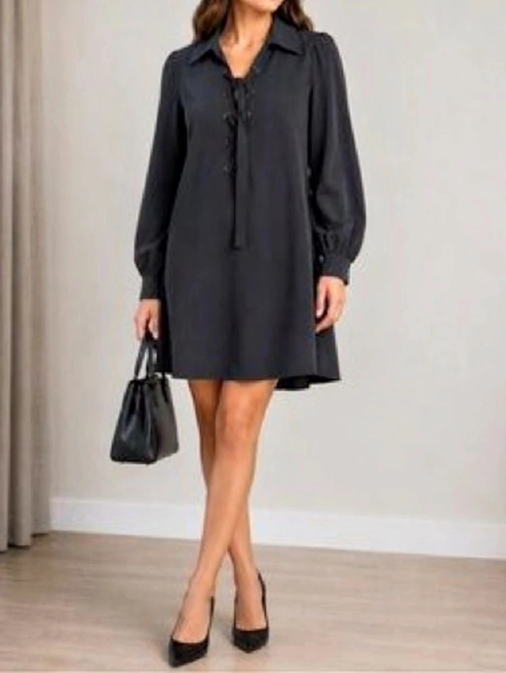 NWT Elie Tahari Long Sleeve Tie Neck Dress Mini Dress Black XS